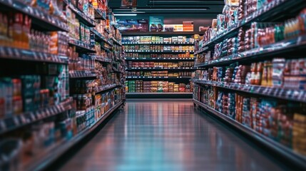 Fototapeta premium A well-lit supermarket aisle brimming with a diverse selection of products, illustrating the vast choices available to shoppers