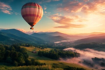 Fototapeta premium Beautiful green mountain with hot air balloon flying in the sky.