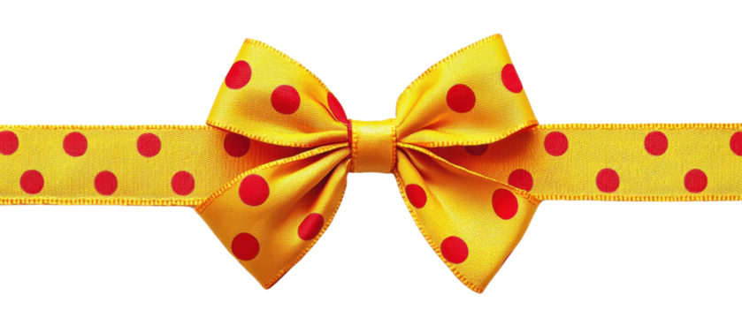 Bright yellow ribbon with red polka dots tied in a neat bow. Perfect for decorations, gift wrapping, and festive occasions.