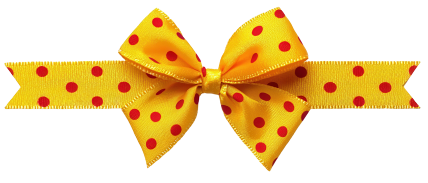 Bright yellow polka dot ribbon with a large bow, perfect for gifts, crafts, and decorative purposes. Adds a cheerful touch to any project.