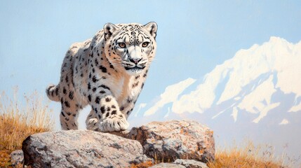 Fototapeta premium A majestic snow leopard walking confidently over rocky terrain, with snow-capped mountains in the background, showcasing nature's beauty.