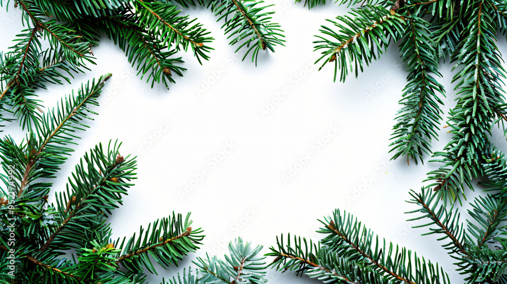 Poster Minimal christmas background with fir branches forming a frame on white background