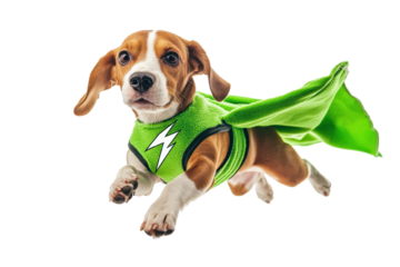 Cute beagle puppy dressed as superhero in green costume, ready for action, isolated on white background.