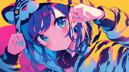 Naklejka premium cute tiger character wearing anime onesie costume, anime style, cute kawaii, simple, smiling happy. neon psychedelic background