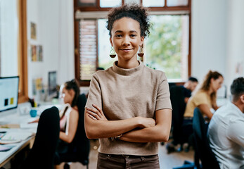 Woman, smile and portrait in creative office for startup, artist and happy for small business agency. Manager, workshop and art director or female person with arms crossed, project and entrepreneur
