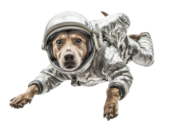 Cute dog dressed as astronaut with helmet in space suit looking forward isolated on white background, ready for space exploration.
