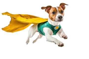 Cute dog dressed as superhero flying costume green cape mask confident isolated white background fun portrait pet