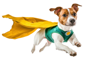 Cute dog dressed as superhero flying costume green cape mask confident isolated white background fun portrait pet
