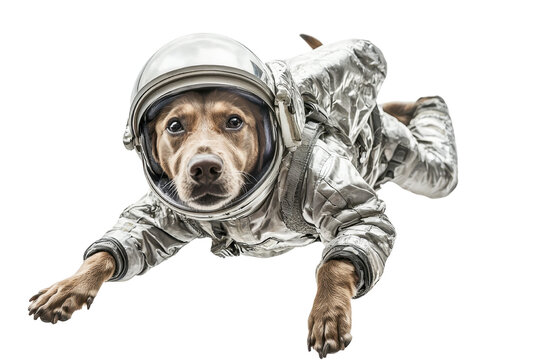 Cute dog dressed as astronaut with helmet in space suit looking forward isolated on white background, ready for space exploration. - Powered by Adobe
