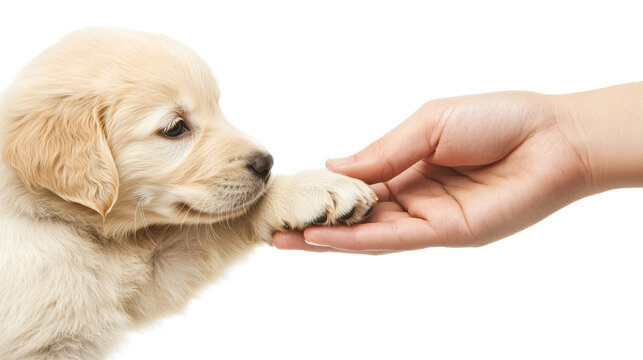 Cute golden retriever puppy extends paw to human hand, symbolizing friendship, trust, and love between pets and owners. - Powered by Adobe