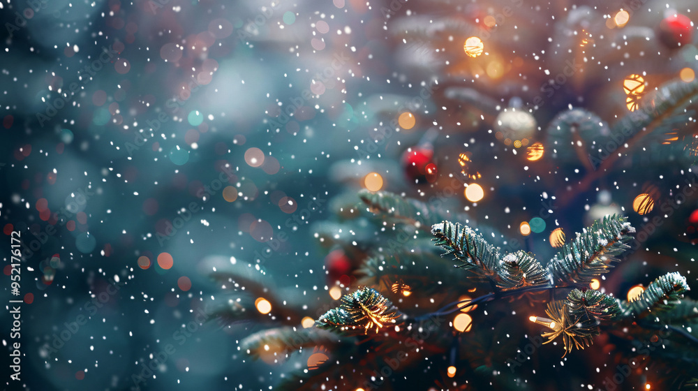 Poster snow is gently falling on a decorated christmas tree with sparkling lights, creating a magical holid