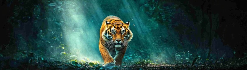 A majestic tiger emerges through a misty forest, showcasing its powerful presence and striking beauty in a serene natural setting.