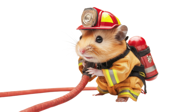 Cute hamster dressed as a firefighter, holding a hose, isolated on white background. Perfect for themed and novelty content.