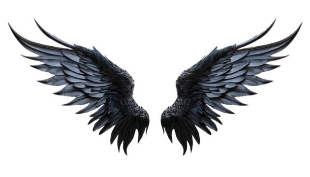 Detailed black angel wings with a transparent background. Ideal for fantasy, gothic, or celestial themes in digital art and design. - Powered by Adobe