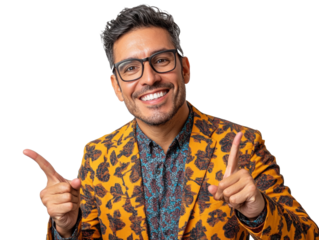 Man in patterned jacket smiling and gesturing playfully indoors, transparent
