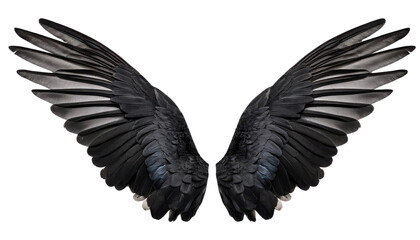 Obraz premium Detailed image of black feathered wings isolated on a white background, perfect for fantasy, gothic, and mythical design projects.