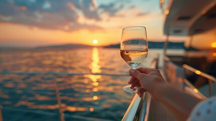 Obraz premium Hand holding wine glass with tropical vacation resort sea beach