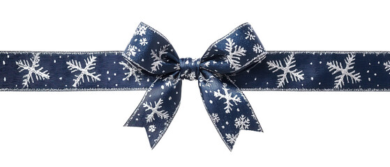 Elegant blue ribbon with white snowflake pattern, perfect for Christmas and holiday decorations or gift wrapping.