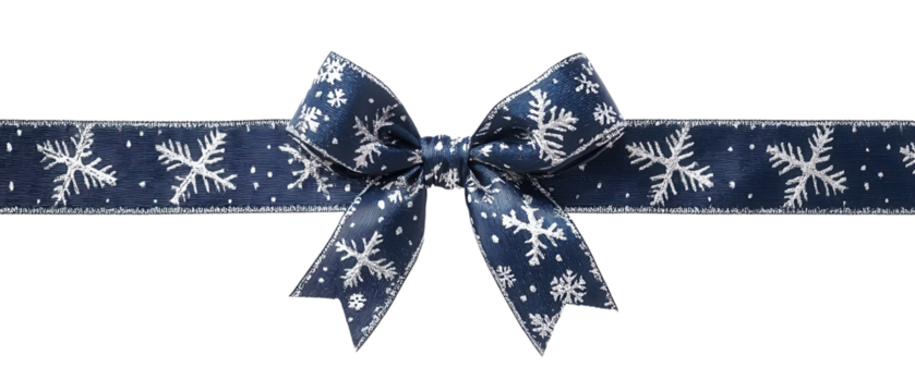 Elegant blue ribbon with white snowflake pattern, perfect for Christmas and holiday decorations or gift wrapping.