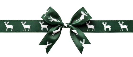Elegant green ribbon bow with white deer pattern, perfect for Christmas holiday decoration and festive gift wrapping.