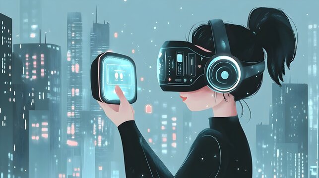 Woman Experiencing Virtual Reality in Futuristic City Skyline at Night