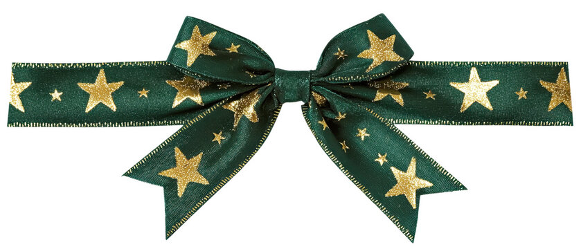 Elegant green ribbon decorated with gold stars, perfect for gift wrapping, festive decorations, and holiday crafts. High-quality stock image.