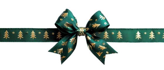 Elegant green ribbon with gold Christmas tree design and bow. Perfect for festive decorations and gift wrapping during the holiday season.