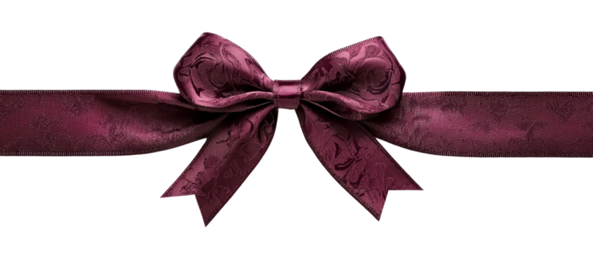 Elegant maroon bow with intricate patterns on a ribbon, perfect for gift wrapping, decorations, or holiday embellishments.