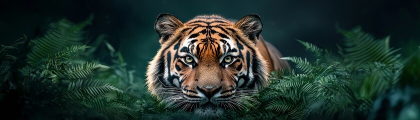 A majestic tiger lurking in lush greenery, showcasing its powerful presence and striking features in a natural habitat.