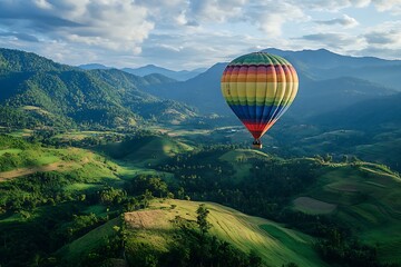 Fototapeta premium Beautiful green mountain with hot air balloon flying in the sky.