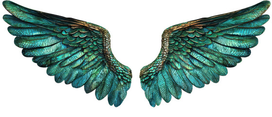 Fantasy-themed image featuring vibrant, iridescent green wings with intricate feather details, perfect for graphic design and creative projects.
