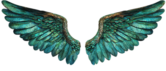 Fantasy-themed image featuring vibrant, iridescent green wings with intricate feather details, perfect for graphic design and creative projects.