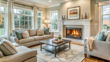 Fototapeta premium Cozy living room with beige sofas and fireplace, warm interior design with copy space