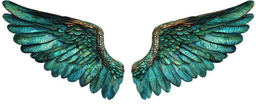 Fantasy-themed image featuring vibrant, iridescent green wings with intricate feather details, perfect for graphic design and creative projects.