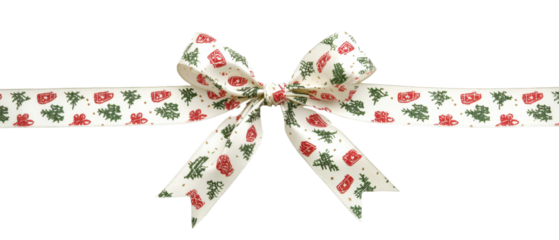 Festive holiday ribbon with red and green patterns tied into a bow, perfect for gift wrapping, crafts, and holiday decorations.