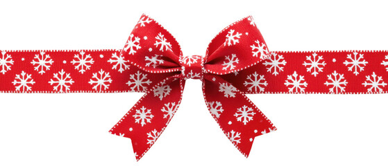 Festive red ribbon with snowflake patterns tied in a neat bow, perfect for holiday and Christmas decorations, gift wrapping, and seasonal design.