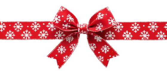 Festive red ribbon with snowflake patterns tied in a neat bow, perfect for holiday and Christmas decorations, gift wrapping, and seasonal design.