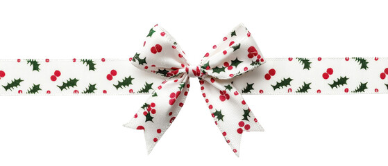 Festive white ribbon with holly and red berries pattern, perfect for Christmas decorations, gift wrapping, and holiday crafts.