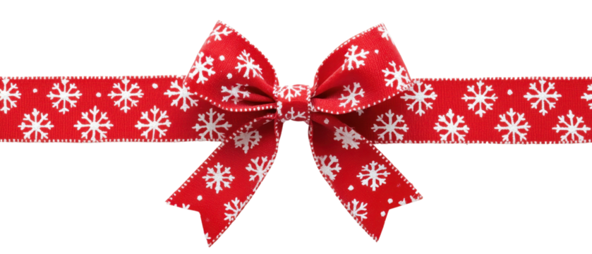 Festive red ribbon with snowflake patterns tied in a neat bow, perfect for holiday and Christmas decorations, gift wrapping, and seasonal design.