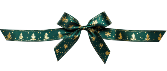 Green Christmas ribbon with gold snowflakes and trees pattern tied in a bow isolated on white background. Perfect for festive decoration.