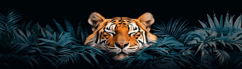 Obraz premium A majestic tiger peering through lush green foliage, showcasing its striking stripes and intense gaze in a vibrant setting.