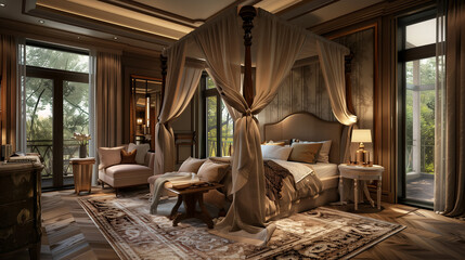 Luxurious bedroom interior design with a canopy bed, plush rug, and elegant decoration 