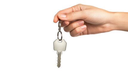 Hand holding a key with a white keychain, isolated on white background. Perfect for real estate or security related concepts.