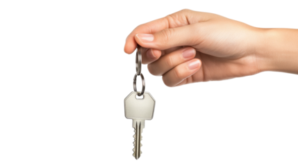 Hand holding a key with a white keychain, isolated on white background. Perfect for real estate or security related concepts.