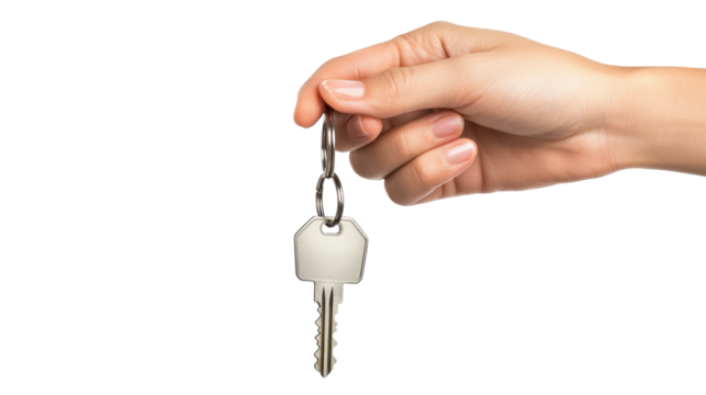 Hand holding a key with a white keychain, isolated on white background. Perfect for real estate or security related concepts.