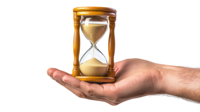 Hand holding an hourglass. Concept of time management, deadline, and urgency cut out transparent isolated PNG - Powered by Adobe