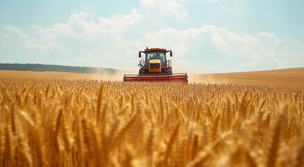 Obraz premium harvest wheat. combine harvester working on ripe wheat field, moisson, Ripe ears of gold field on the sunset, Agriculture, wheat crop 