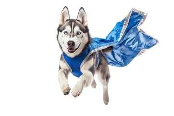 Husky dog in superhero costume leaping with blue cape. Energetic, playful, and dressed for adventure. Isolated on white background.