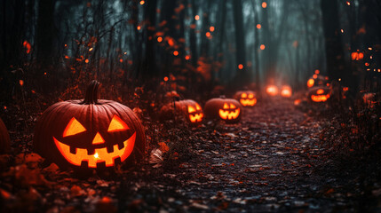 Halloween forest path lit by glowing jack-o'-lanterns
