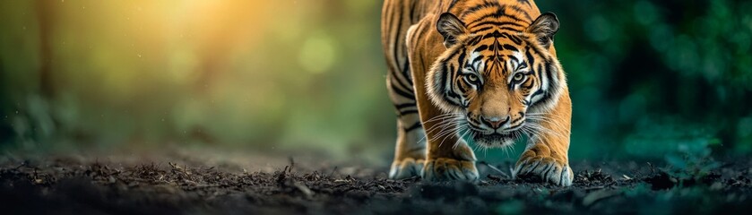 Fototapeta premium A majestic tiger prowls through a lush forest, showcasing its vibrant orange fur and powerful stance in a serene environment.